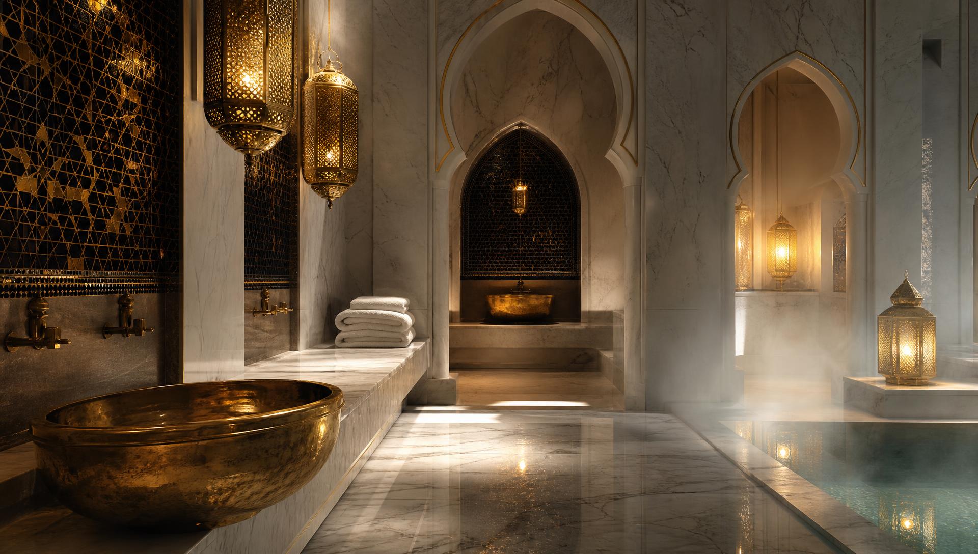 Espace hammam en marbre de Maison Nawras à Midoun, Djerba