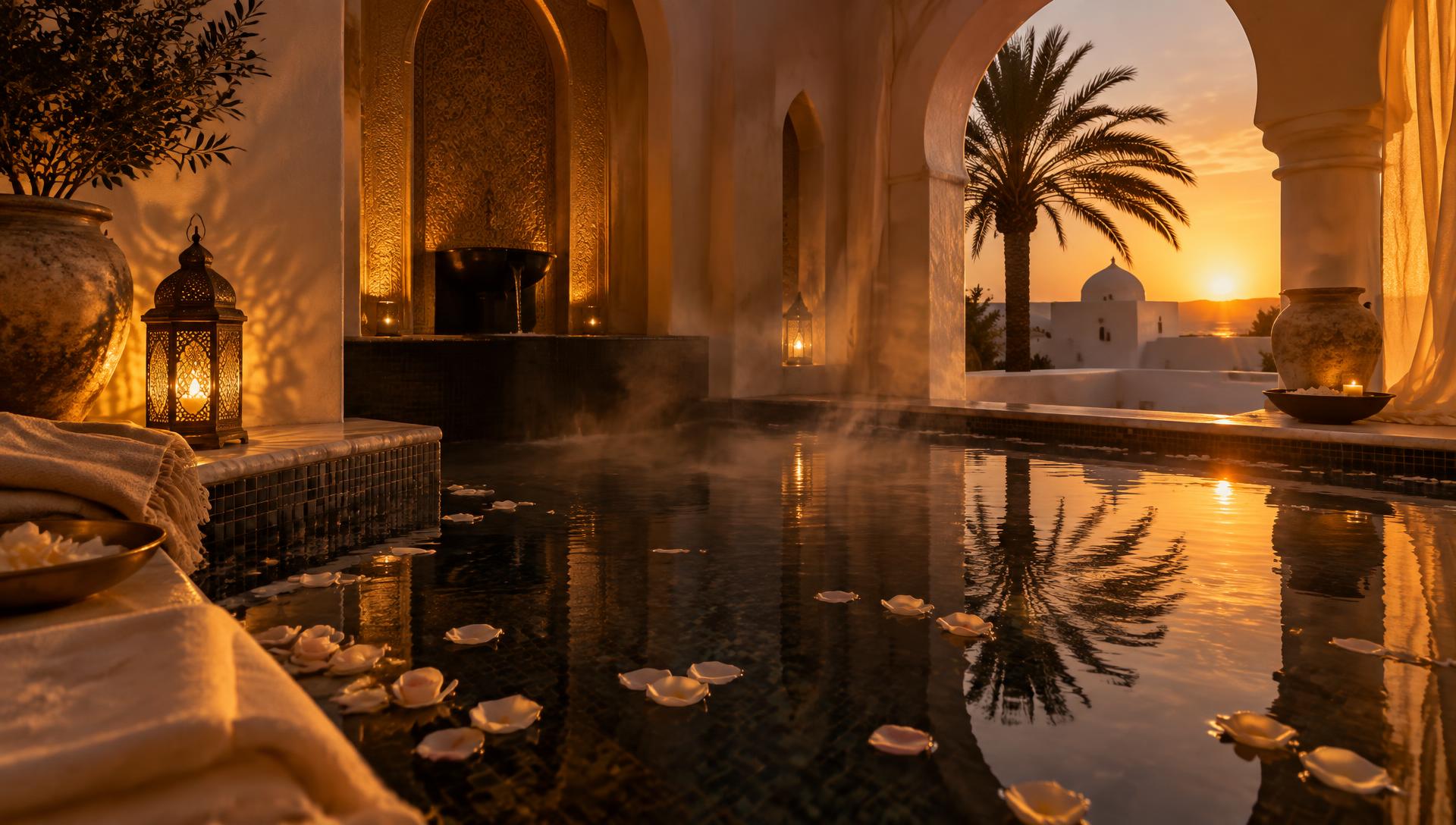 Bassin de spa aux pétales de rose au coucher du soleil, Maison Nawras à Djerba